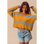 FUZZY HAIRY STRIPE DEEP U NECK SWEATER TOP