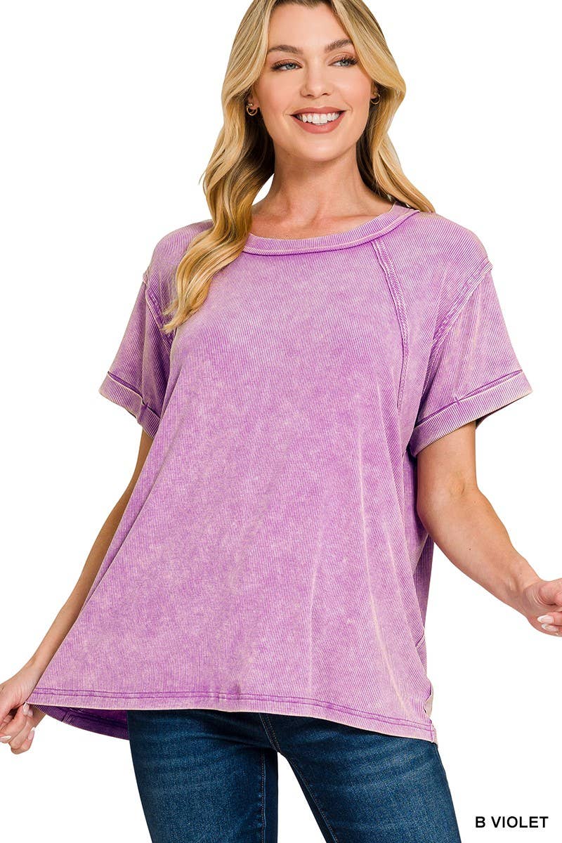 Washed Ribbed Cuffed Short Sleeve Round Neck Top