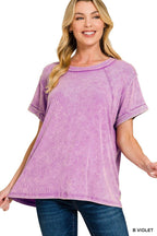 Washed Ribbed Cuffed Short Sleeve Round Neck Top