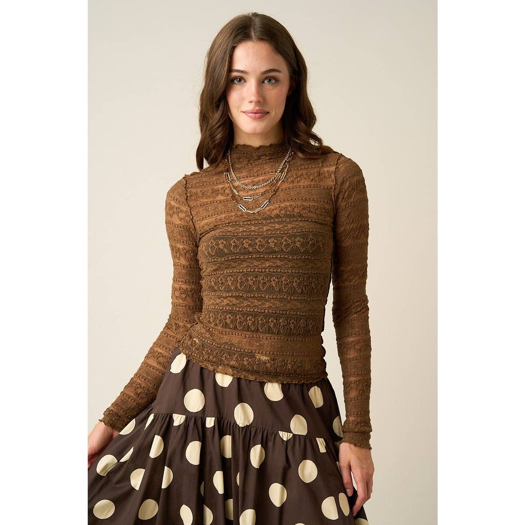 TEXTURED MOCK NECK LACE MESH TOP