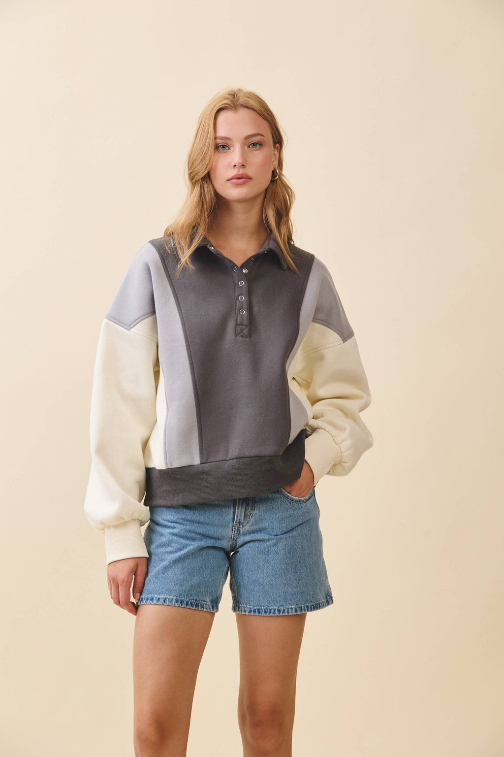 9161HK Collared Colorblock Henley Pullover Sweatshirt
