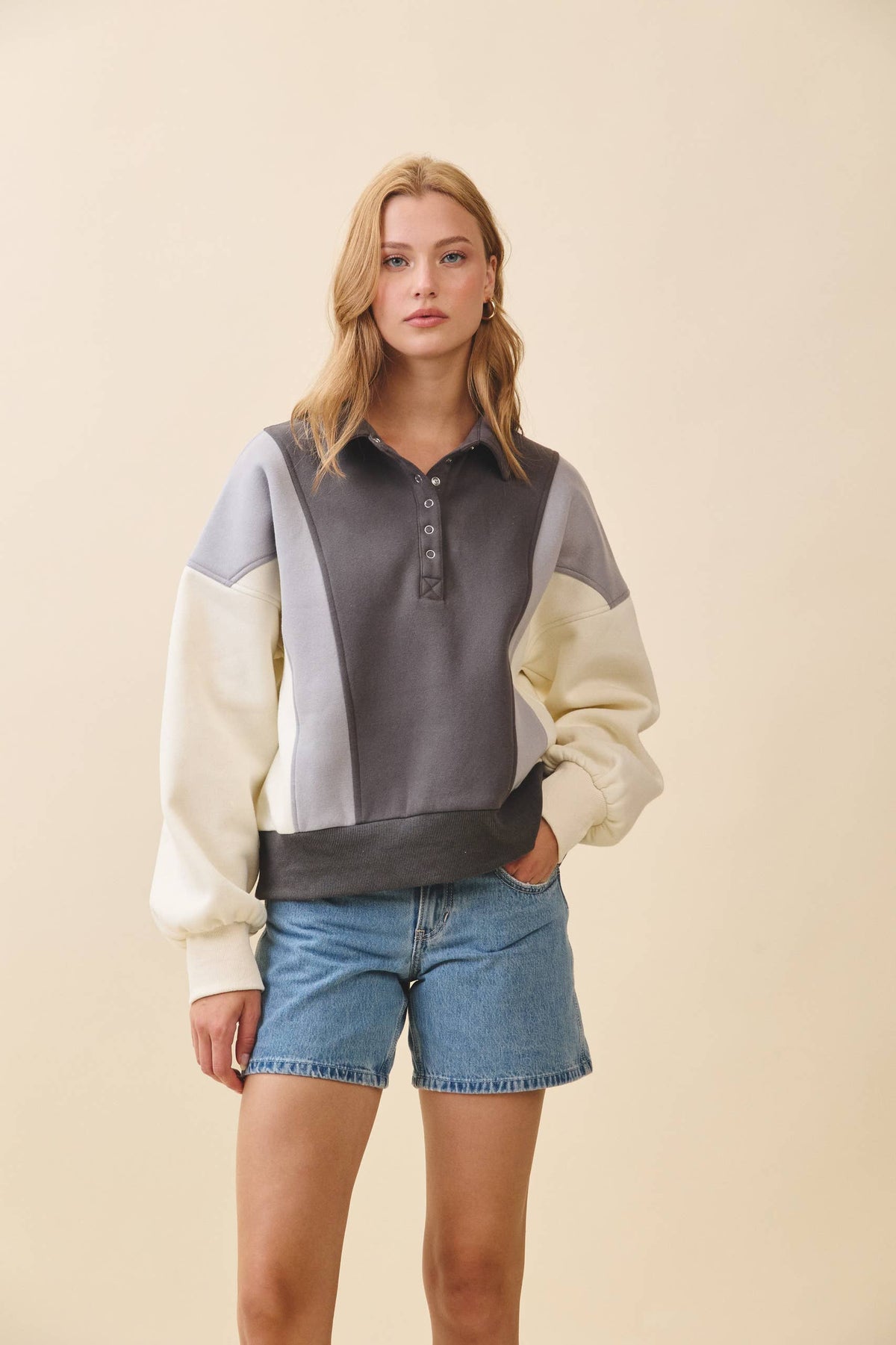 9161HK Collared Colorblock Henley Pullover Sweatshirt