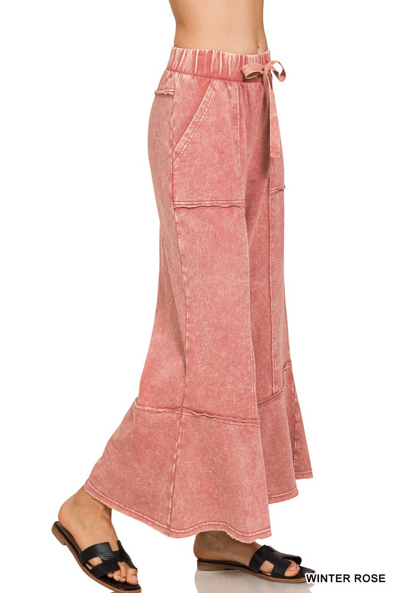 `Acid Washed Flare Hem Pants With Pockets Zenana