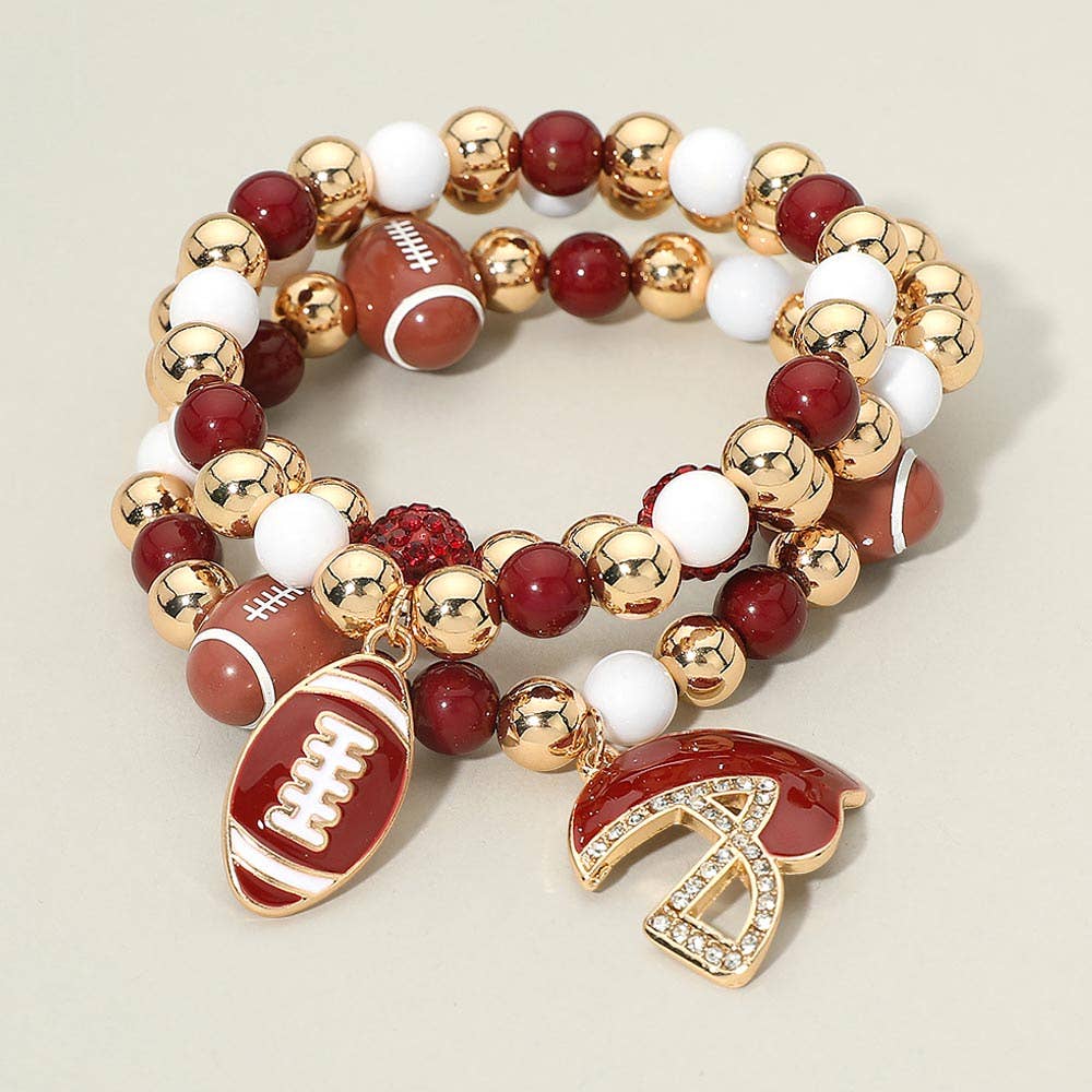 3PCS - Game Day Football Helmet Charm Beaded Stretch Multi Layered Bracelets
