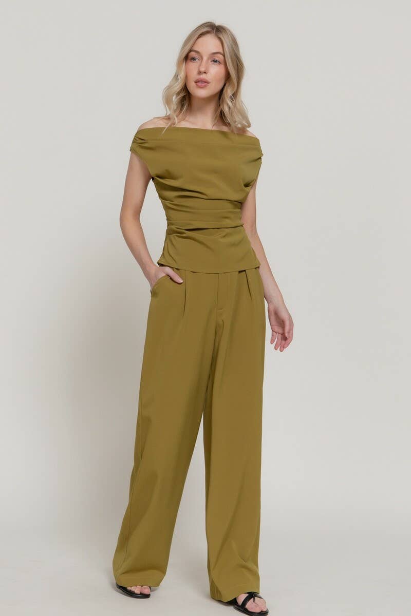 0224 Woven Off Shoulder Top & Pants Set SI-29533