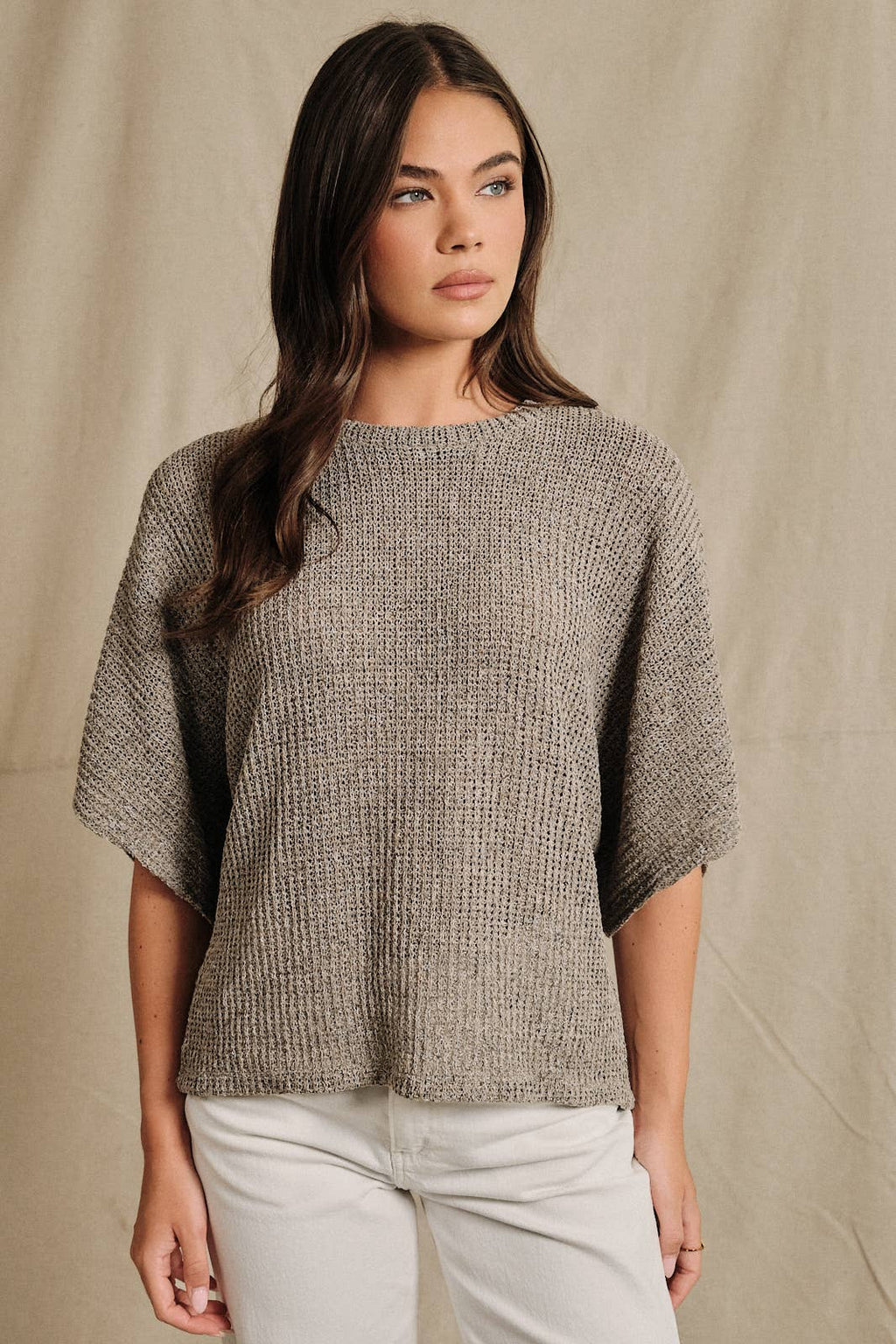 Oatmeal Boucle Crew Neck Kimono Sleeve Top