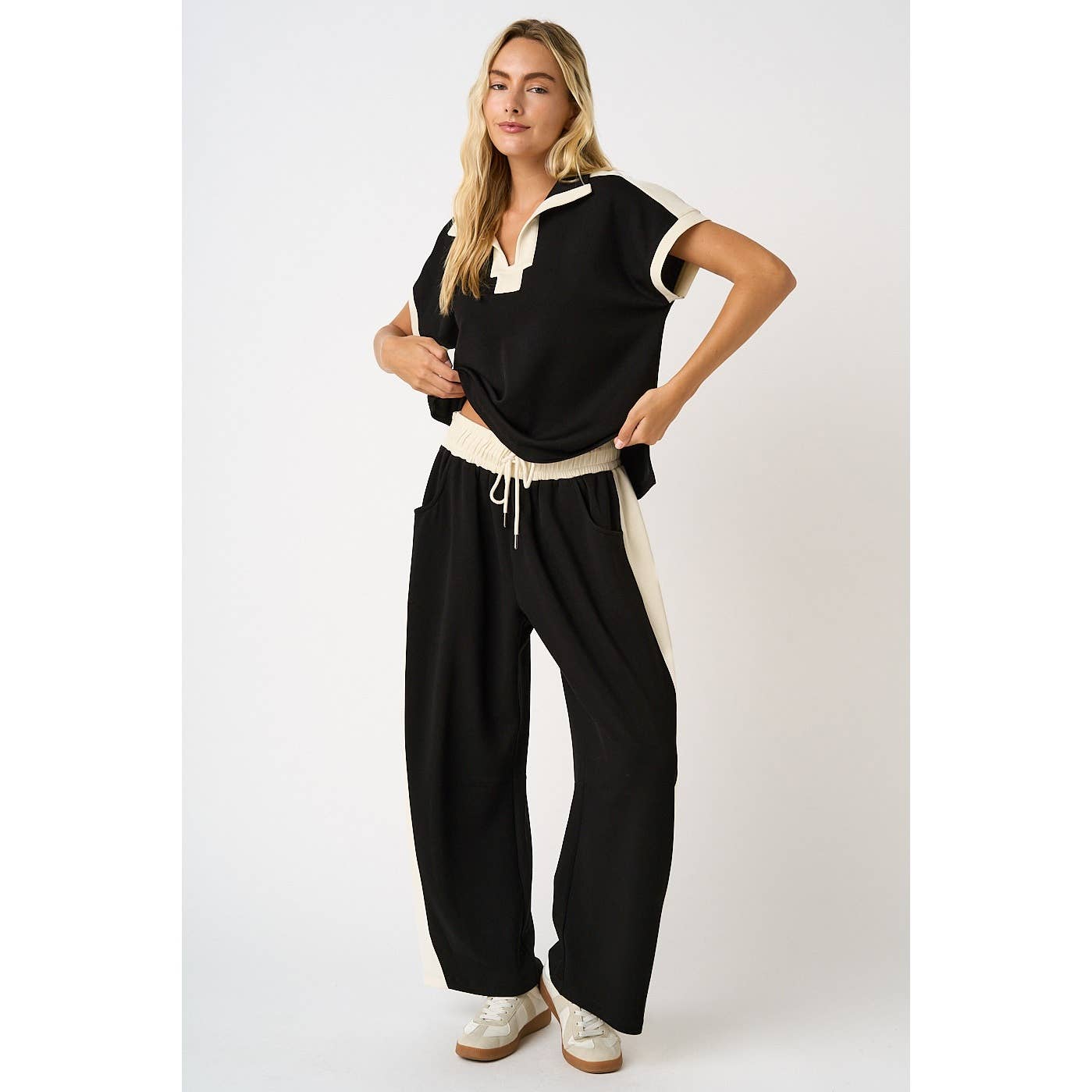 CLOUD KNIT CONTRAST STRIPE BARREL LEG LOUNGE PANTS