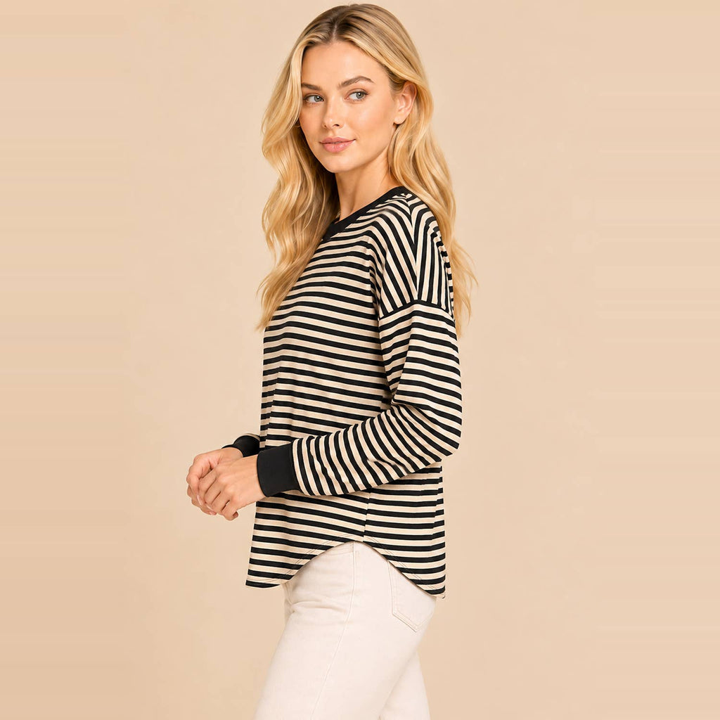 Striped Contrast-Trim Long-Sleeve Top