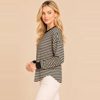 Striped Contrast-Trim Long-Sleeve Top
