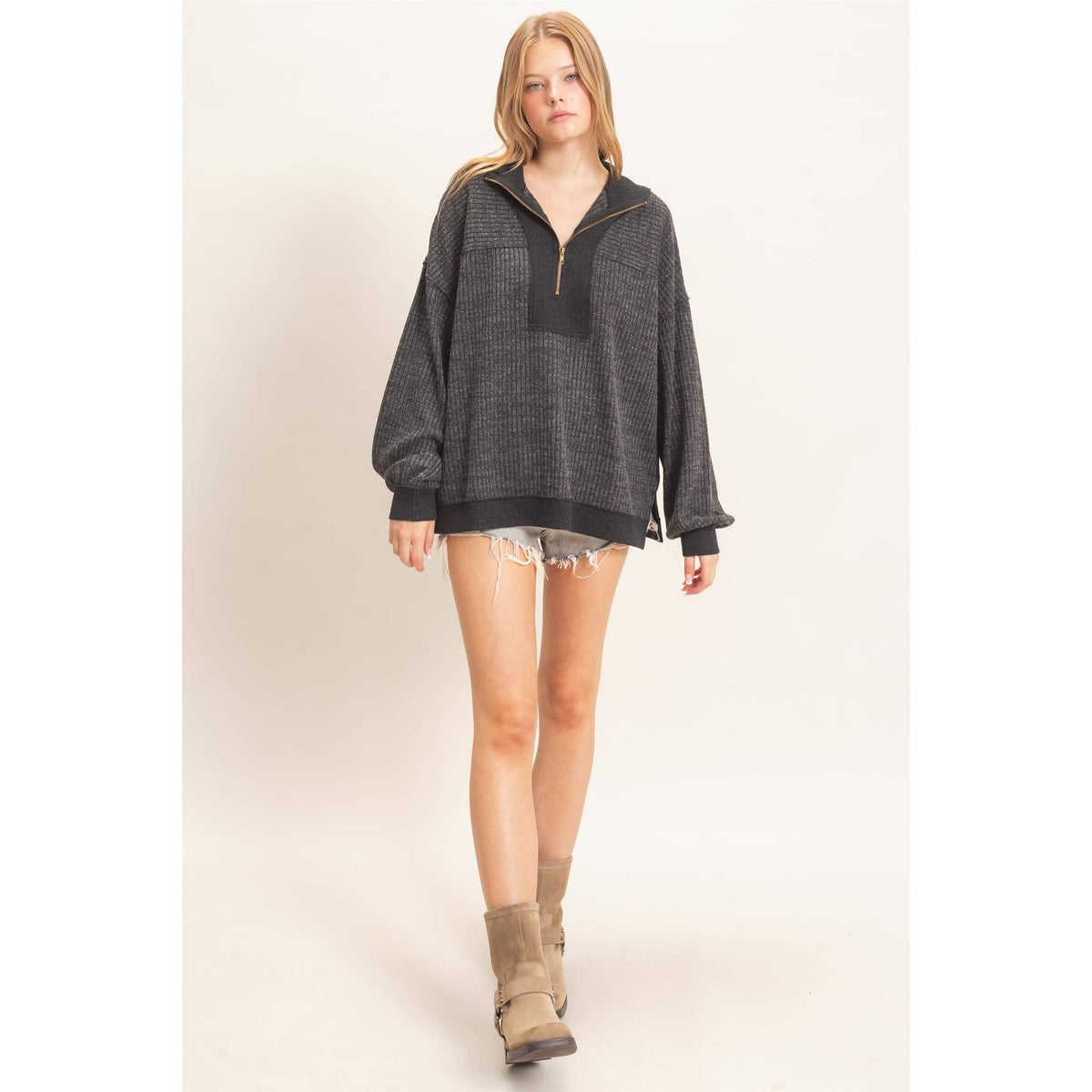 Ribbed Knit Half-Zip Pullover