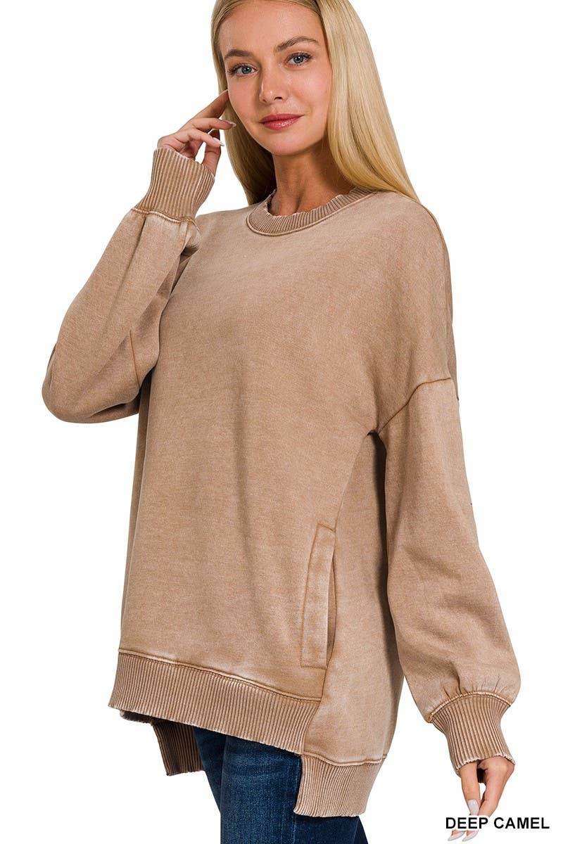 Acid Wash Fleece Hi-low Hem Pullover