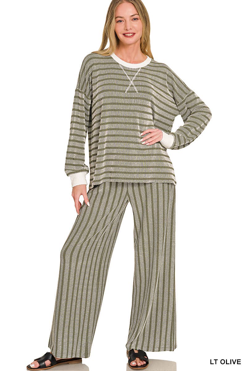 Raised Rib Striped Pullover & Pants 2PC Set