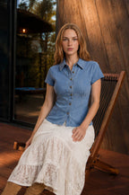 COLLARED BUTTON DOWN CINCHED WAIST DENIM TOP