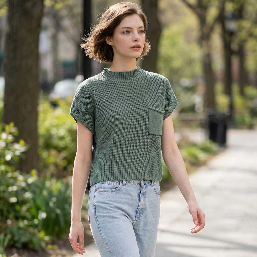 Mock Neck Short Sleeve Crop Sweater