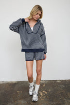 HALF ZIP STRIPE CONTRAST TRIM LONG SLEEVE KNIT TOP
