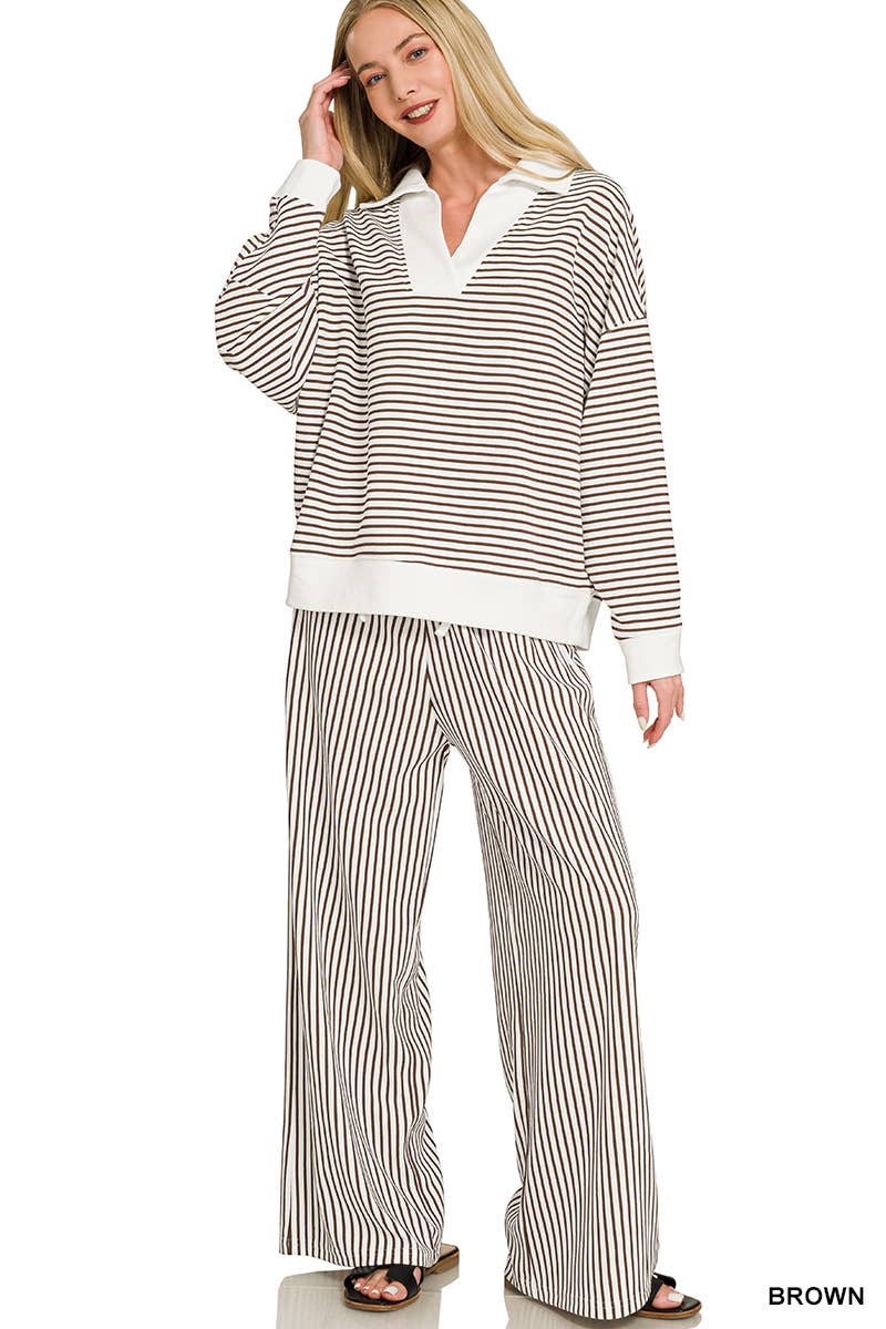 Striped Split Neck Oversized Collared Top & Pants 2PC Set