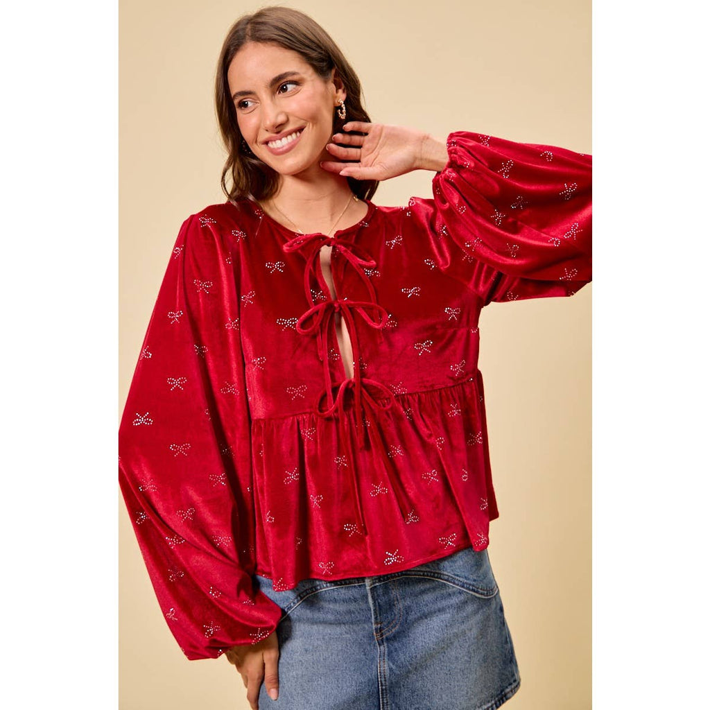 HOLIDAY CHRISTMAS RIBBON EMBELLISHED VELVET TOP