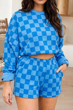 66 Checkered Long Sleeve Crop Top and Shorts 2pcs Set (S-XL)