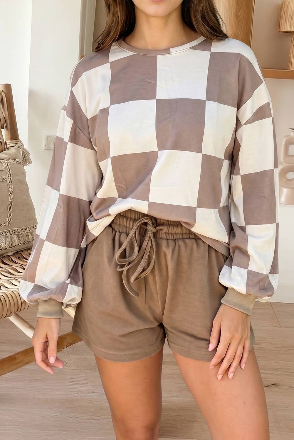 Checkerboard Long Sleeve Pullover Top Shorts Set (S-XL)
