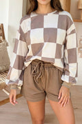 Checkerboard Long Sleeve Pullover Top Shorts Set (S-XL)