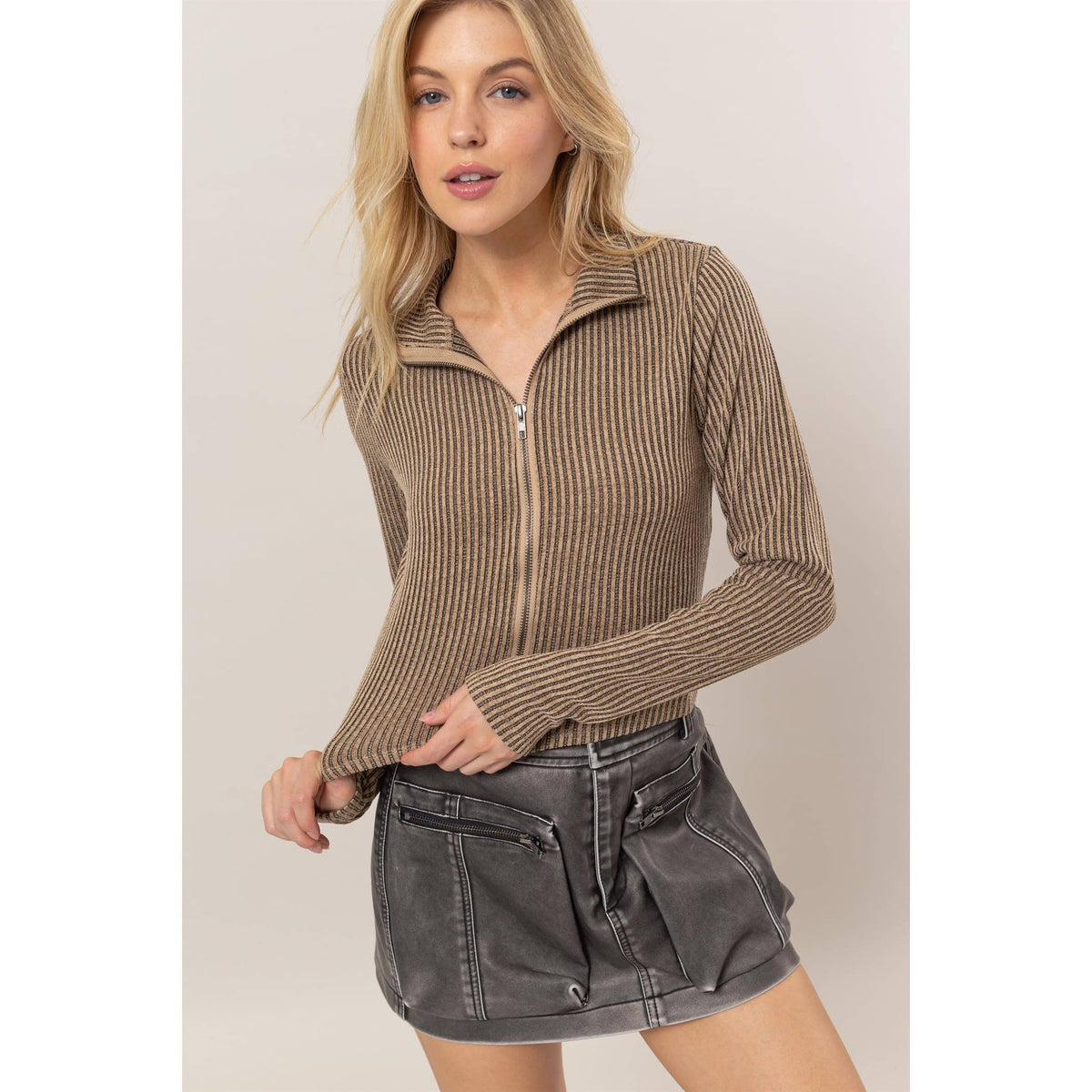 Striped Zip-Up Knit Top