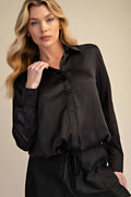 Collar Neck Long Sleeve Adjustable Drawstring Hem Shirt