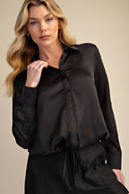 Collar Neck Long Sleeve Adjustable Drawstring Hem Shirt