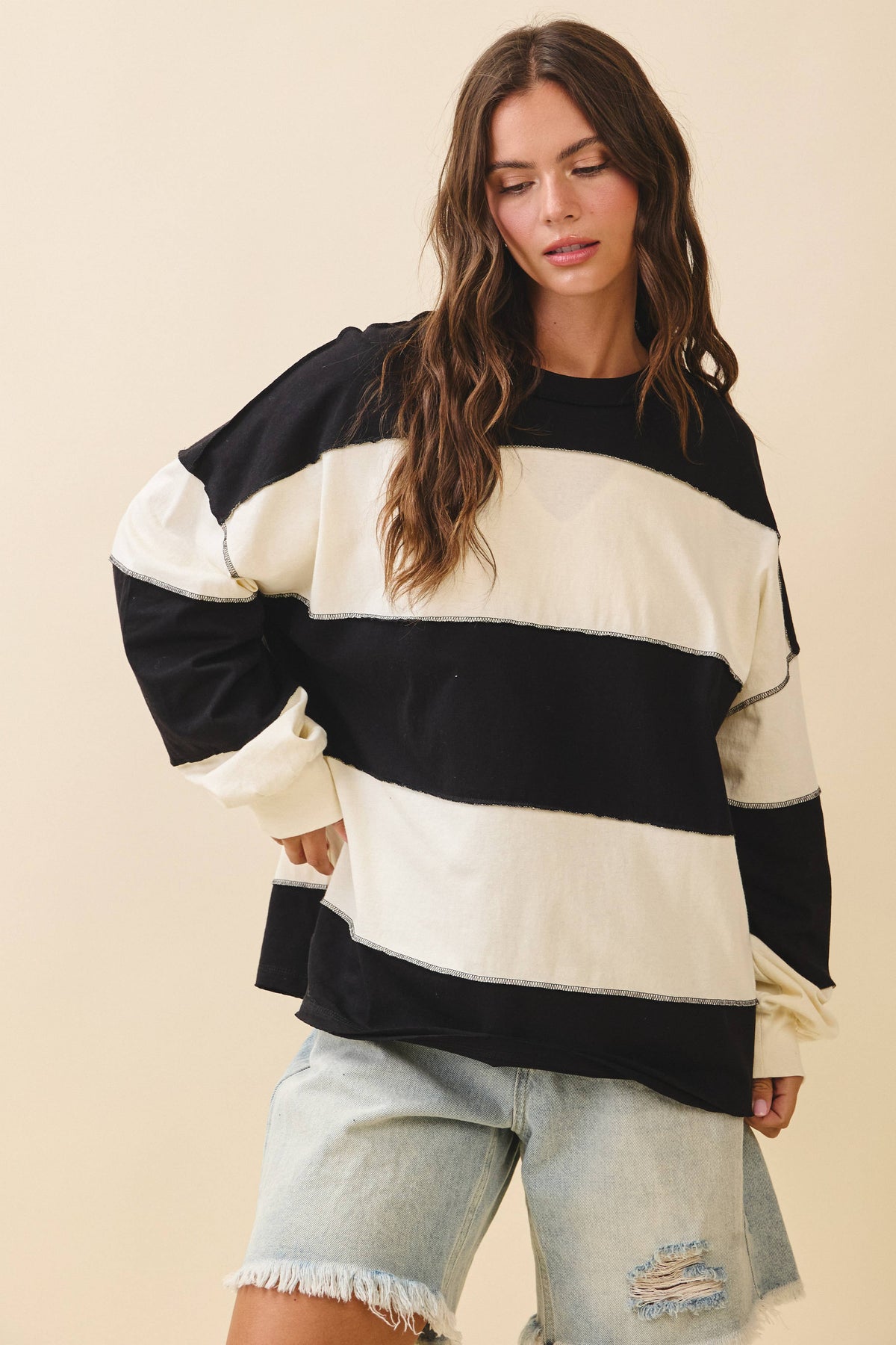 8551GN Contrast Panel Long Sleeve Slouchy Pullover 1