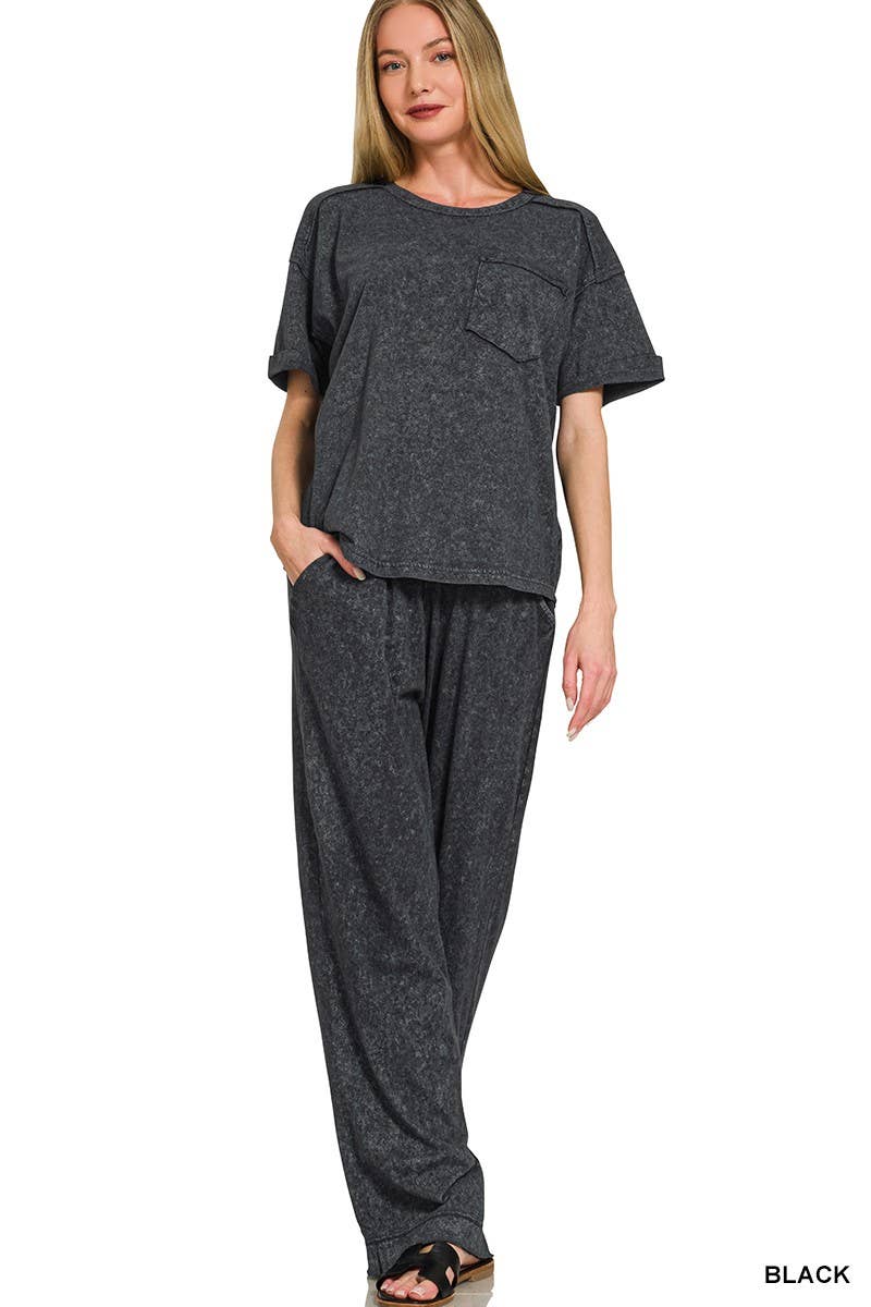 Acid Washed Exposed Seam Top And Pants Set