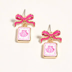 Bow Shell Print Square Frame Drop Earrings