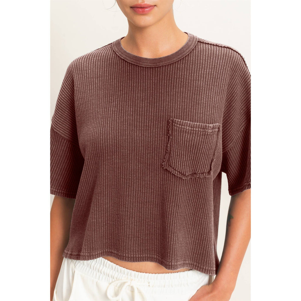Mineral Wash Waffle Knit Pocket Top