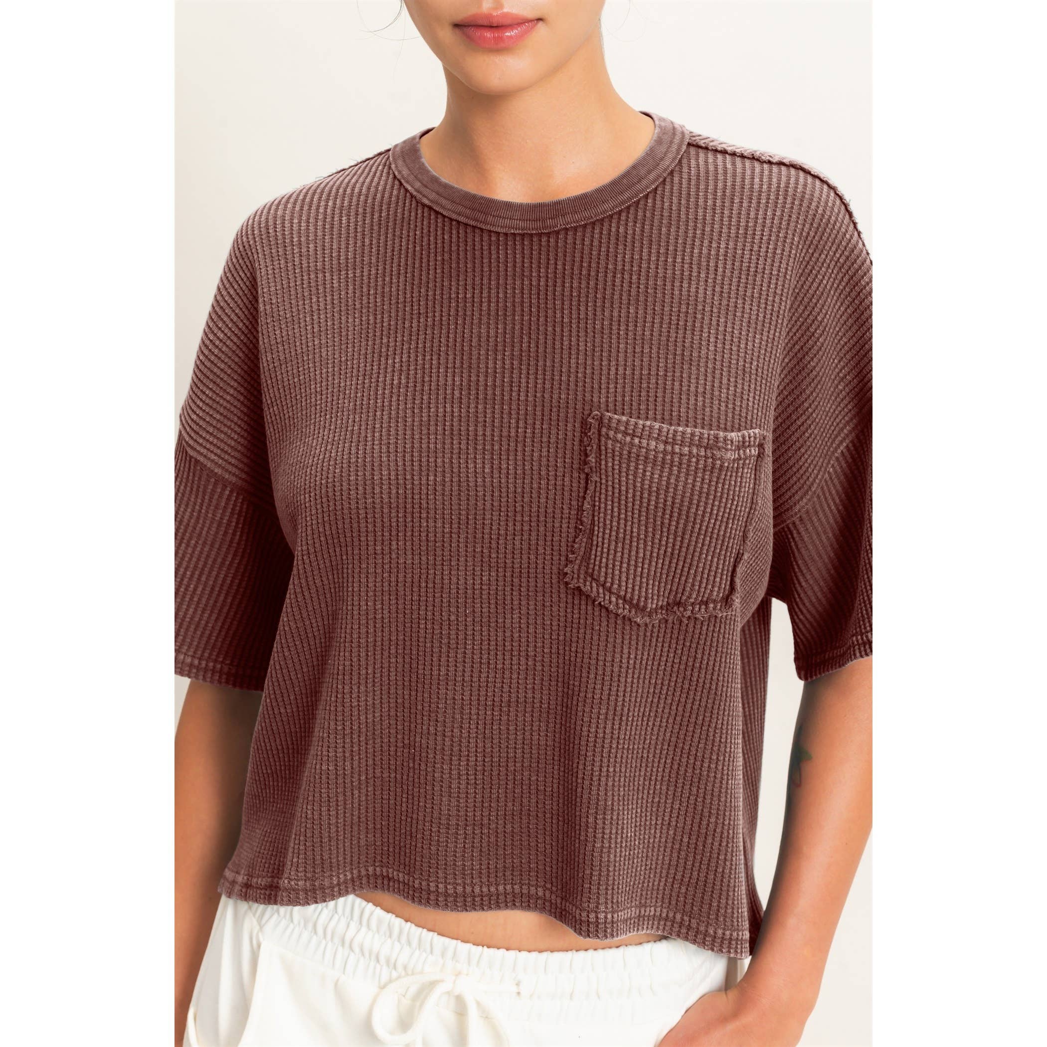 Mineral Wash Waffle Knit Pocket Top