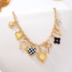 Checkered HeartPearl Bow Multi-Charm Link Necklace| 80N93113