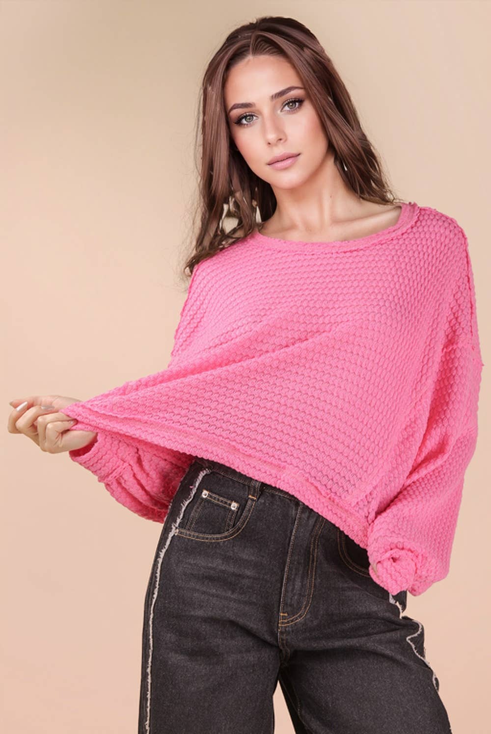 NT11982-Oversized Waffle Solid Knit Causal Top
