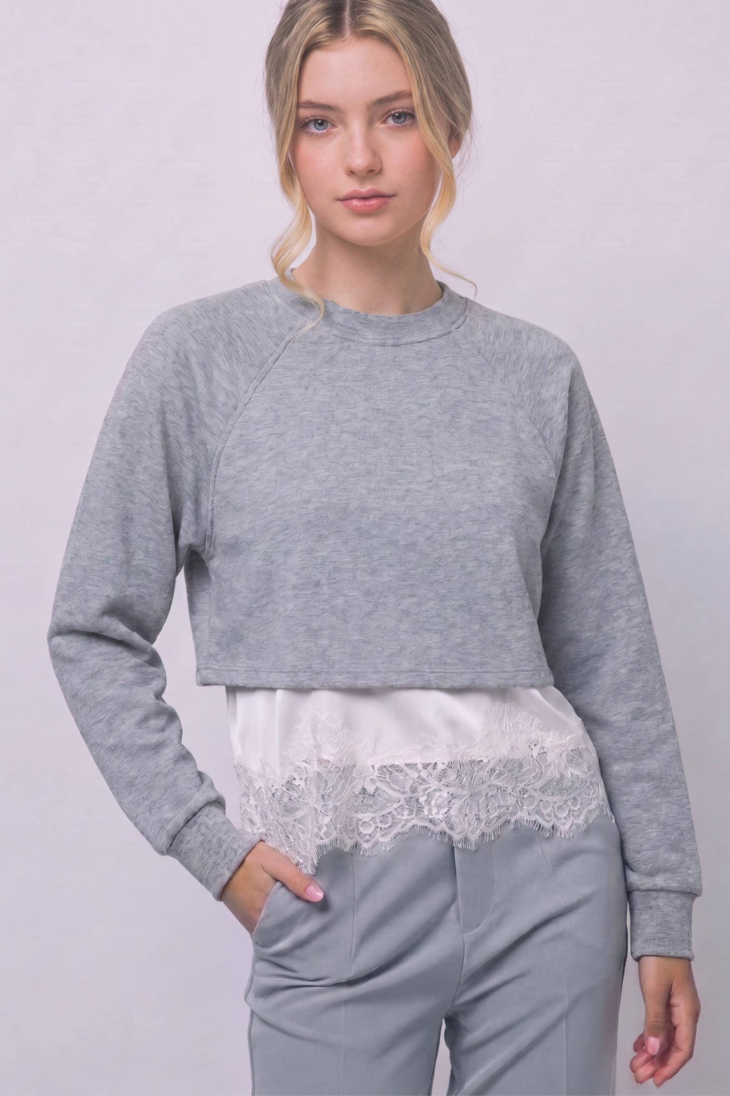 Lace-trimmed Layered Cropped Sweatshirt