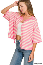 Striped Wool Blend Short Sleeve Cardigan Sweater