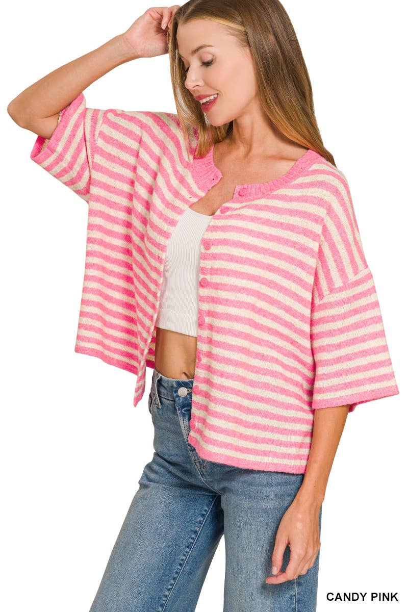 Striped Wool Blend Short Sleeve Cardigan Sweater