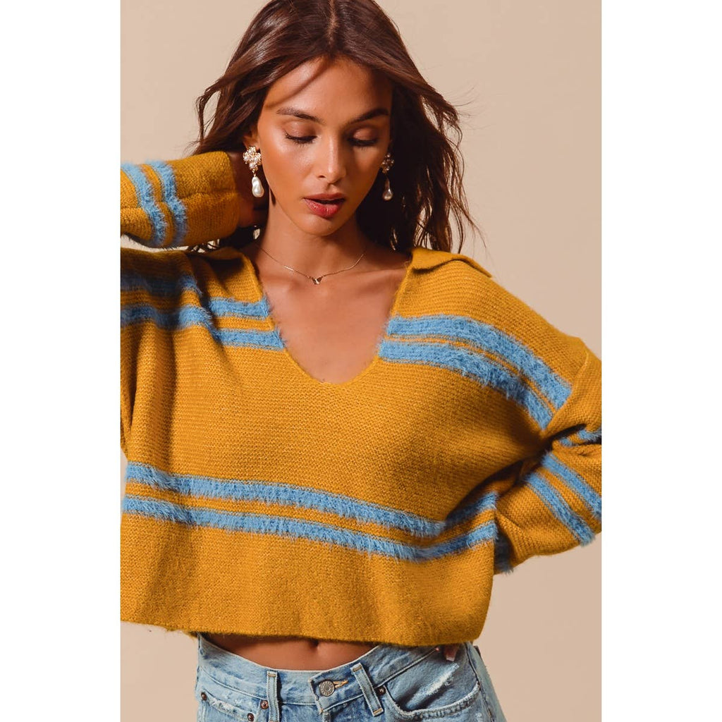 FUZZY HAIRY STRIPE DEEP U NECK SWEATER TOP