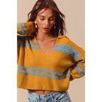 FUZZY HAIRY STRIPE DEEP U NECK SWEATER TOP