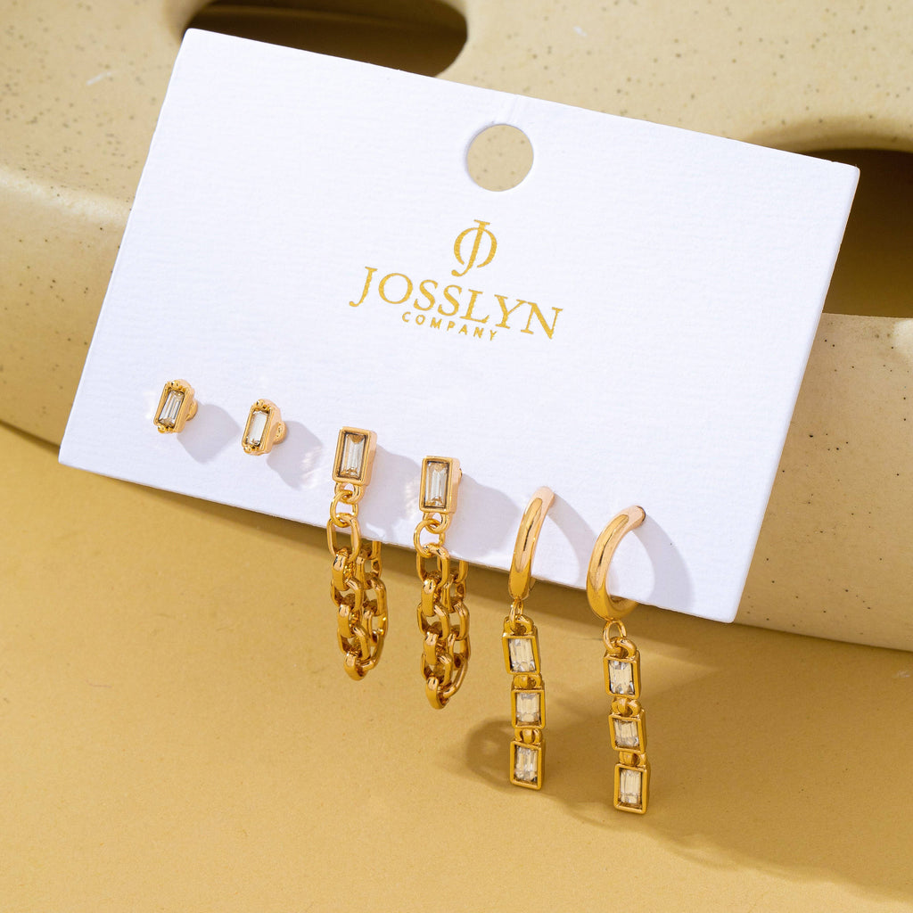 Geometric Baguette Stud & Chain Trio Earring Set | 80E62681