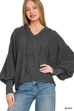 Soft Brushed Hacci Cropped Balloon Sleeve Hoodie Zenana