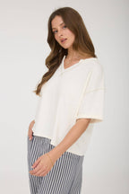 CONTRAST STITCH DROP SHOULDER CUFF SLEEVE KNIT TOP