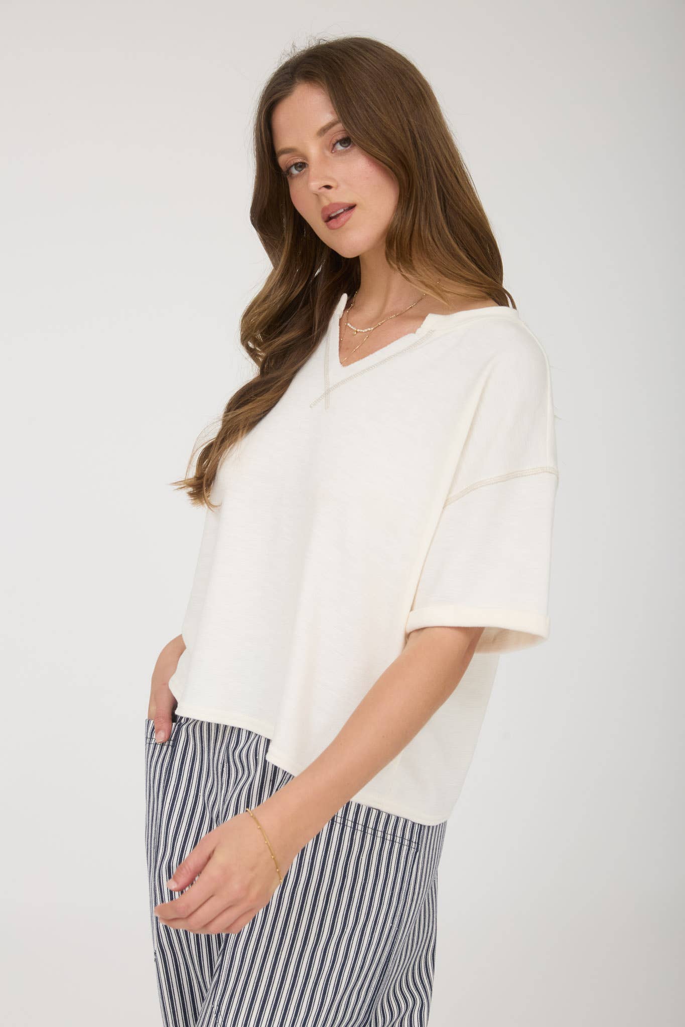 CONTRAST STITCH DROP SHOULDER CUFF SLEEVE KNIT TOP