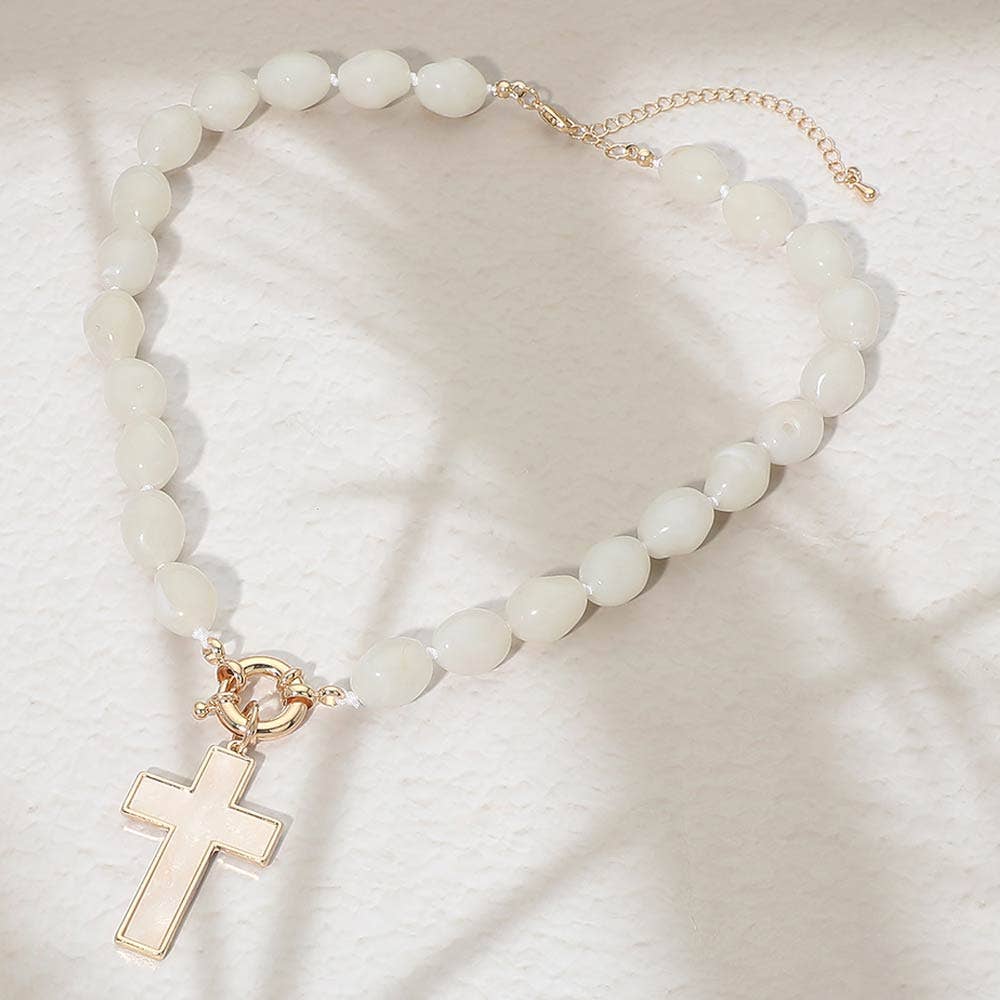 Mother of Pearl Cross Toggle Pendant Beaded Necklace