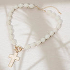 Mother of Pearl Cross Toggle Pendant Beaded Necklace