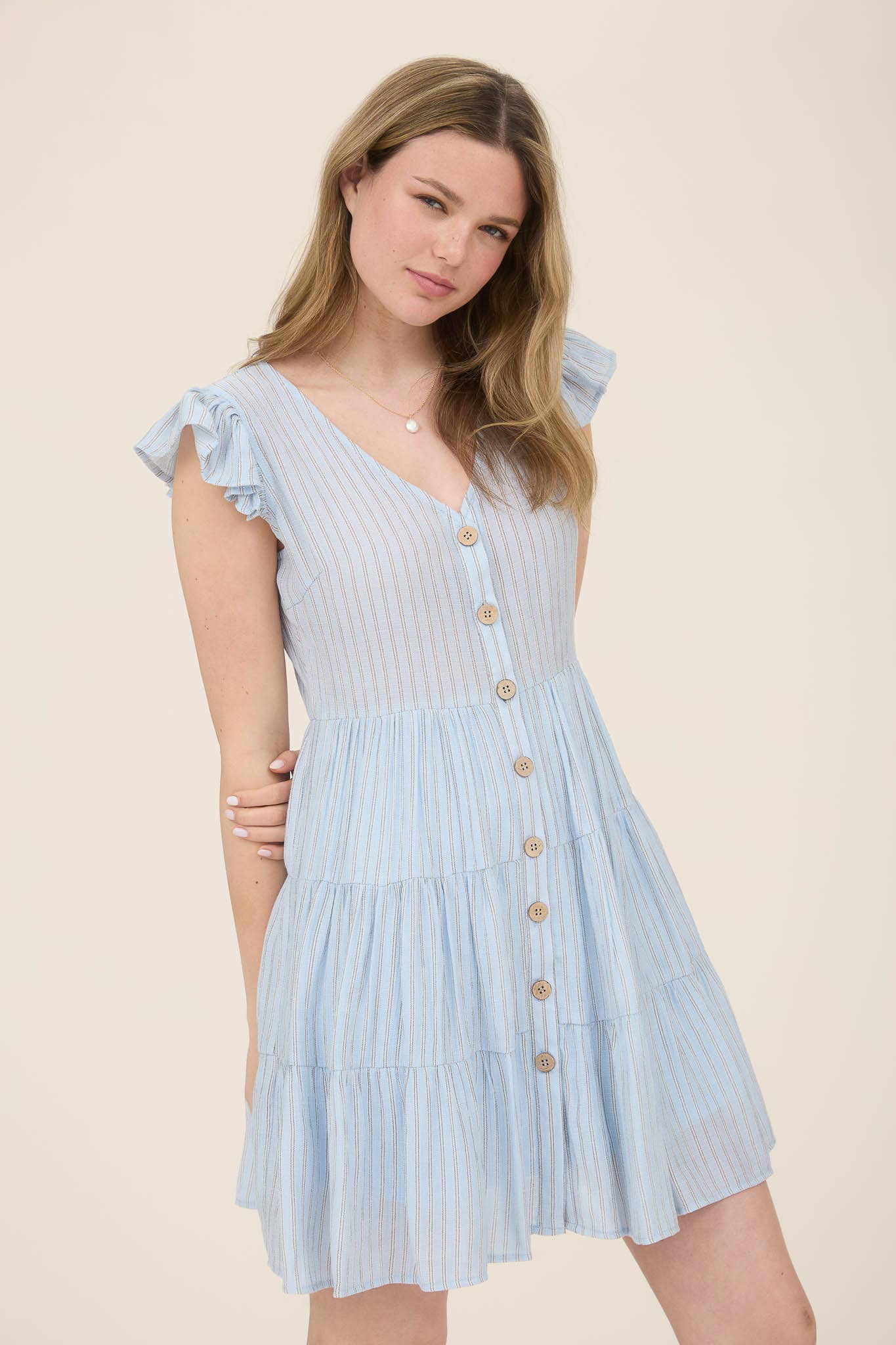 STRIPE V NECK BUTTON DOWN TIERED MINI DRESS