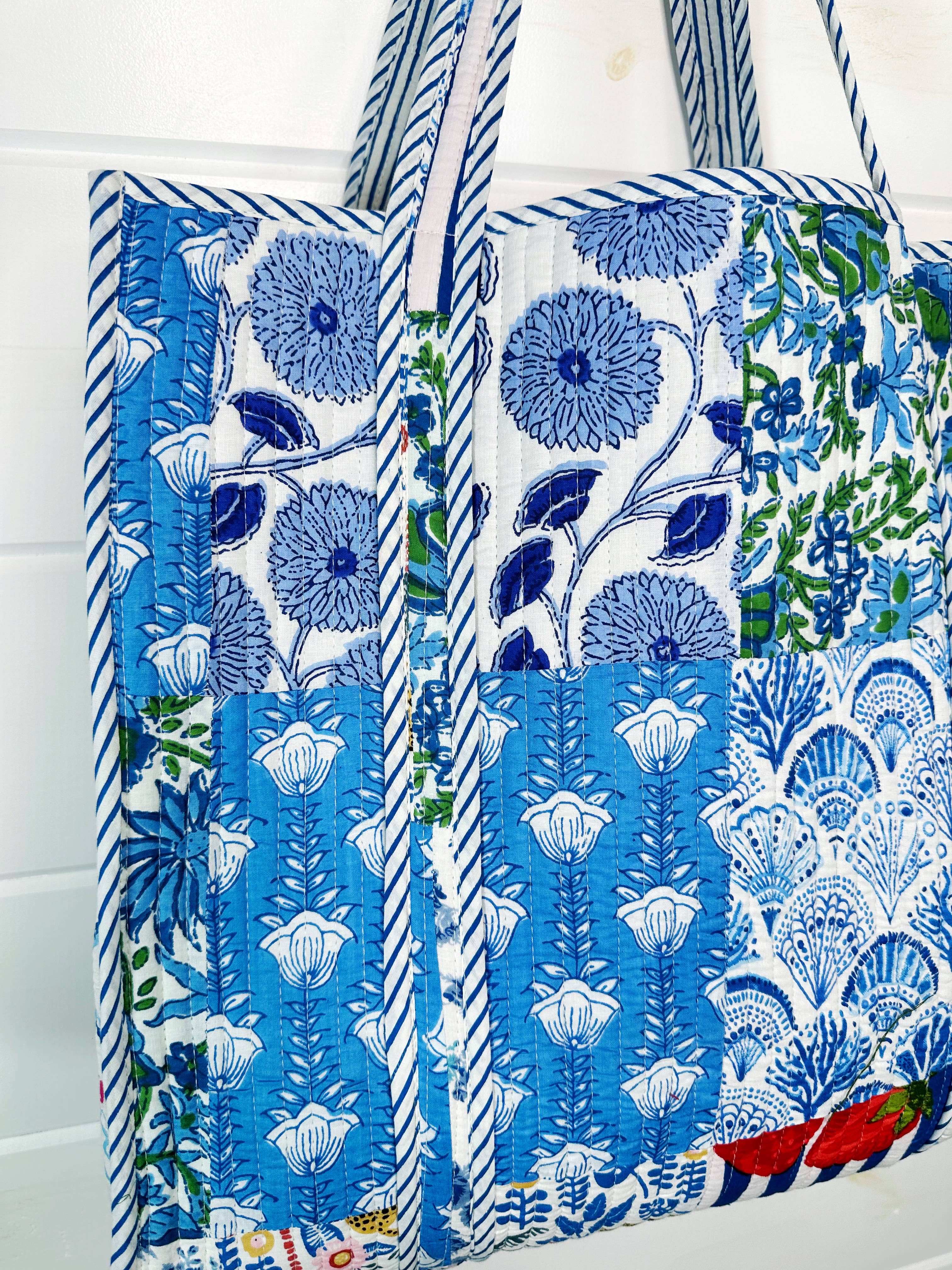 Blue Patchwork Large Quilted Tote