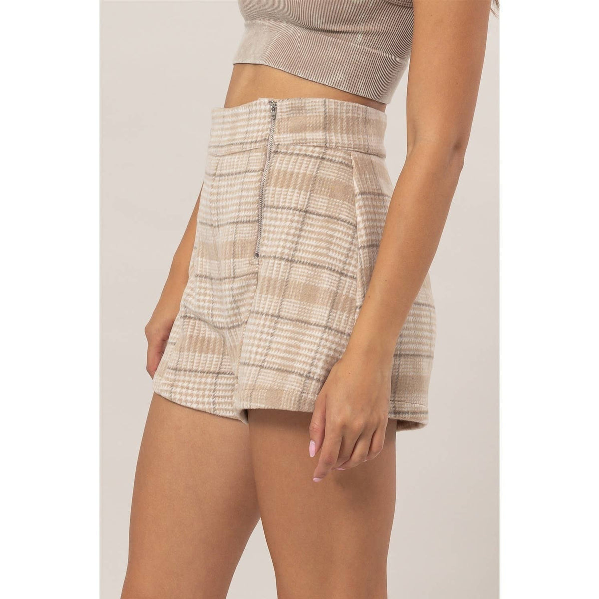 Plaid Twin Zipper-Detail Shorts
