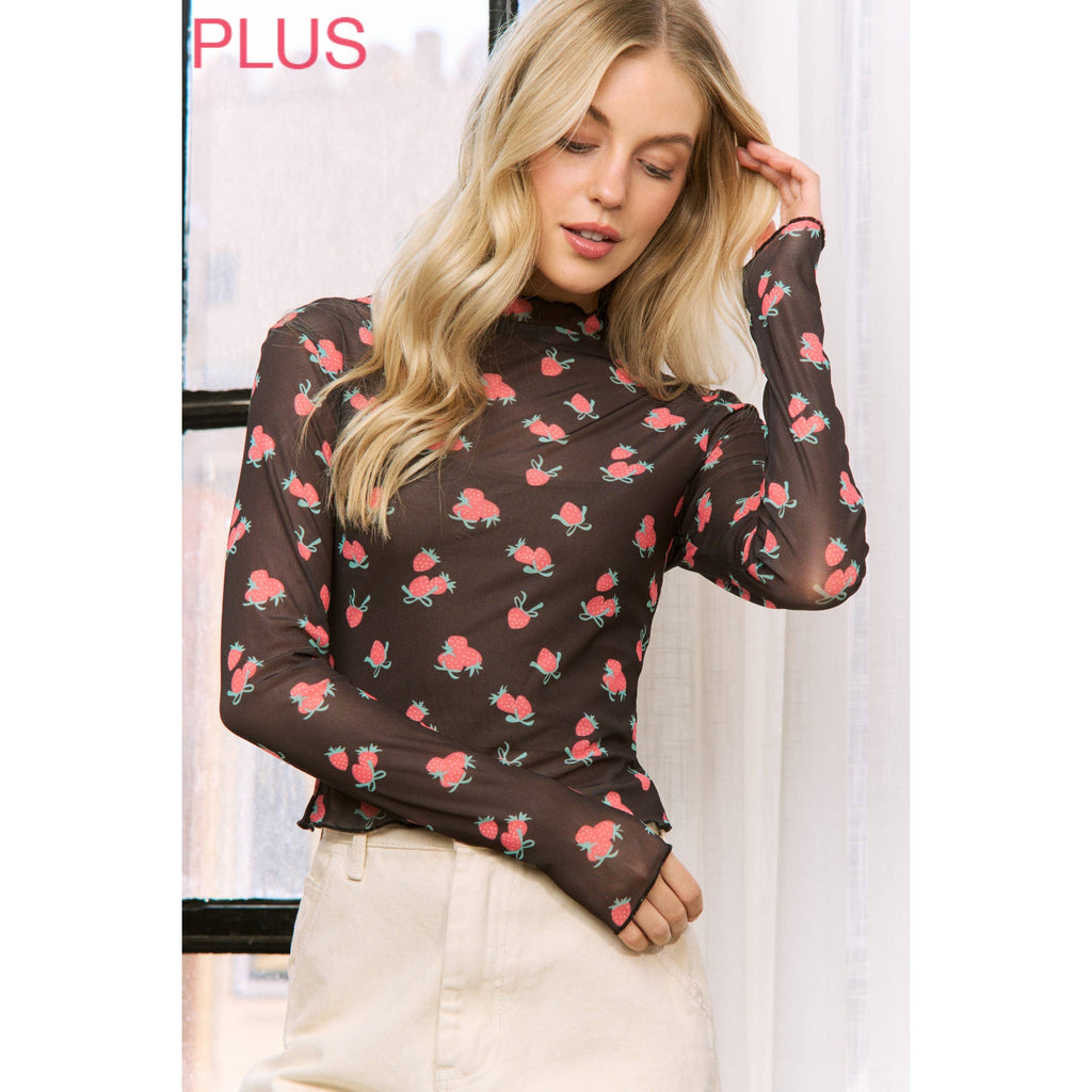 PLUS MESH STRAWBERRY PRINT HIGH NECKLINE CROP TOP