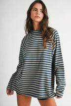 8645IN Mock Neck Yarn-Dyed Striped Oversized Long Sleeve Tee